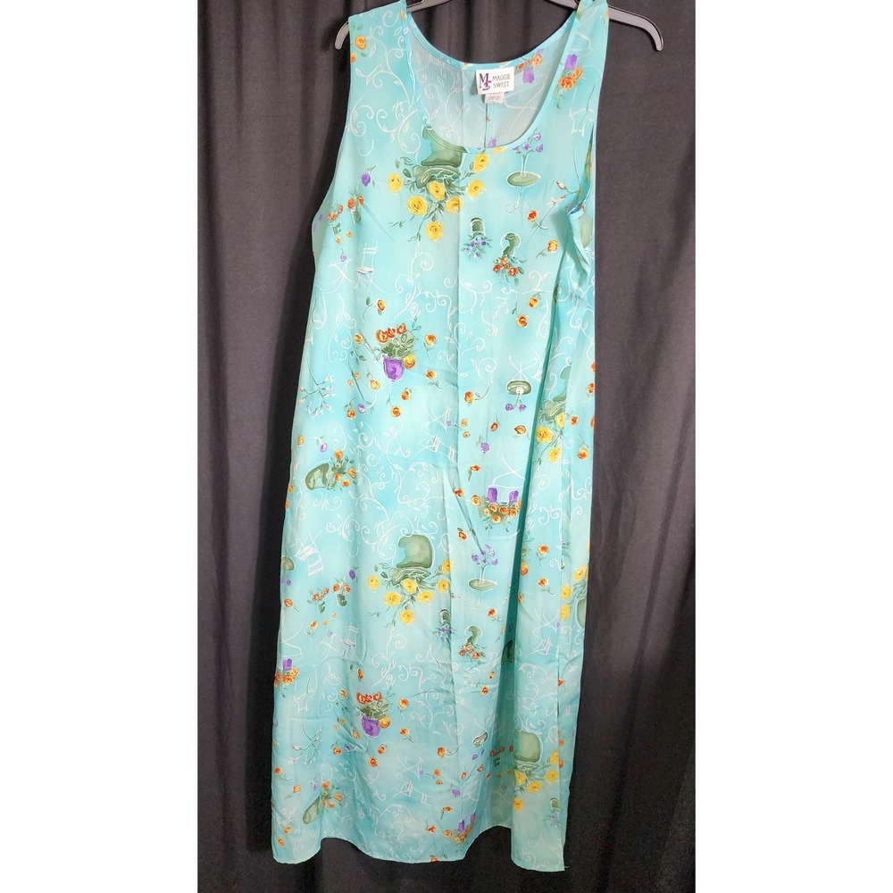 VTG Maggie Sweet French Cafe Floral Maxi Dress Aqua Blue Sleeveless Plus‎ 1X USA